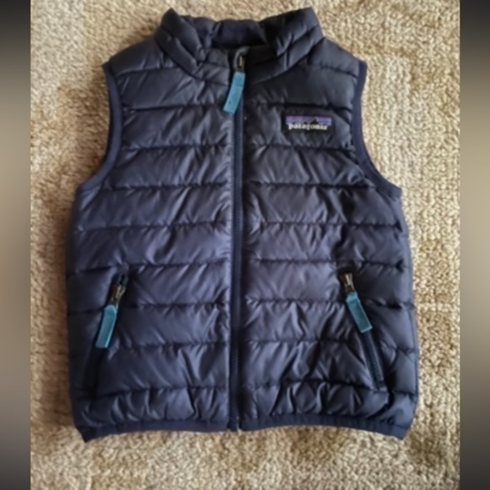 Patagonia Kids Navy Blue Puffer Vest with Teal Zipper Pulls